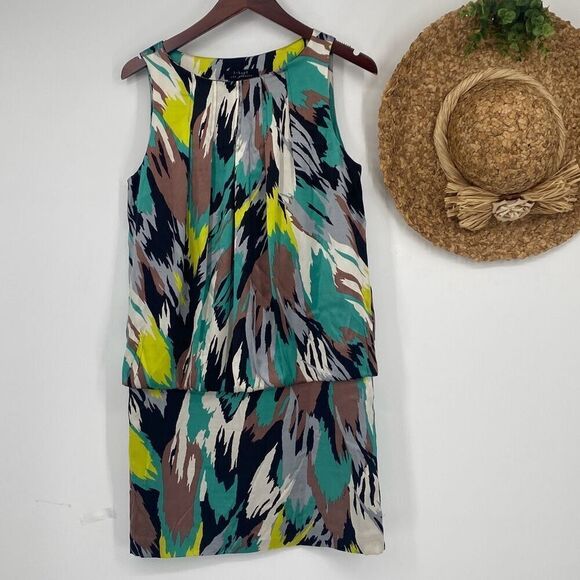 T-BAGS Los Angeles Women's Silk Geometric Printed MIDI  Dress‎ Multicolor Small - Picture 1 of 12